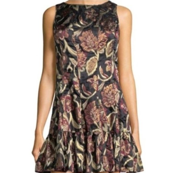 ANNA SUI Dress Metallic Floral Brocade Luxe Metallic Bronze Mini Ruffle Fall 17 - Picture 4 of 11